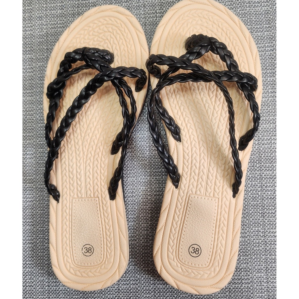 Braided Strap Sandals Flip Flops Womens 38 Black Tan Boho Summer Casual Beach